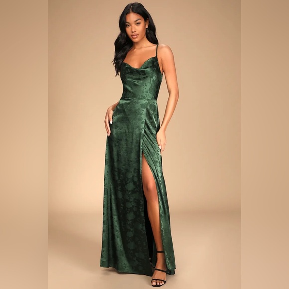 Simply Dreamy Emerald Green Satin Floral Jacquard Maxi Dress - Picture 1 of 3